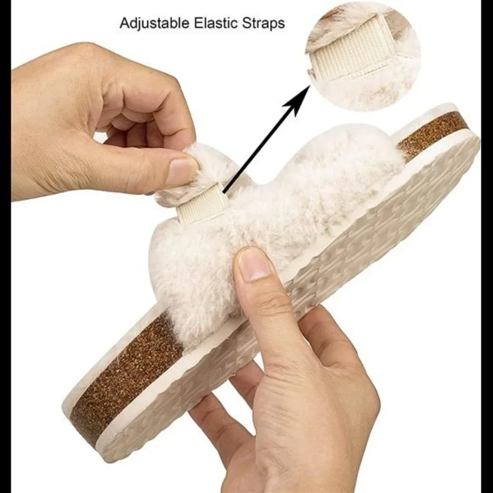 Womens Open Toe Slipper with Cozy Lining,Faux Rabbit Fur Cork Slide Sandals - Picture 4 of 5